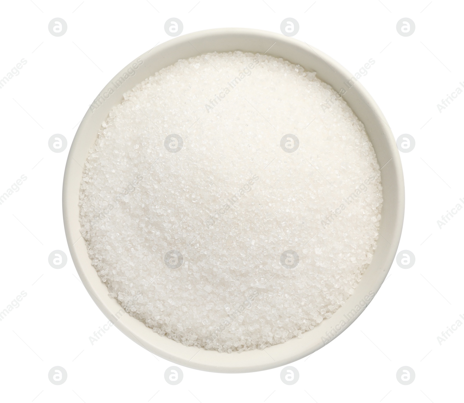 Photo of Granulated sugar in bowl isolated on white, top view