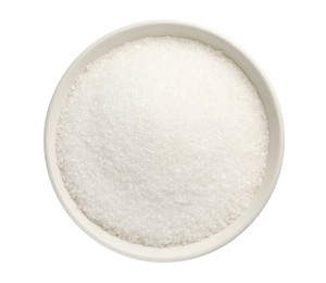 Photo of Granulated sugar in bowl isolated on white, top view