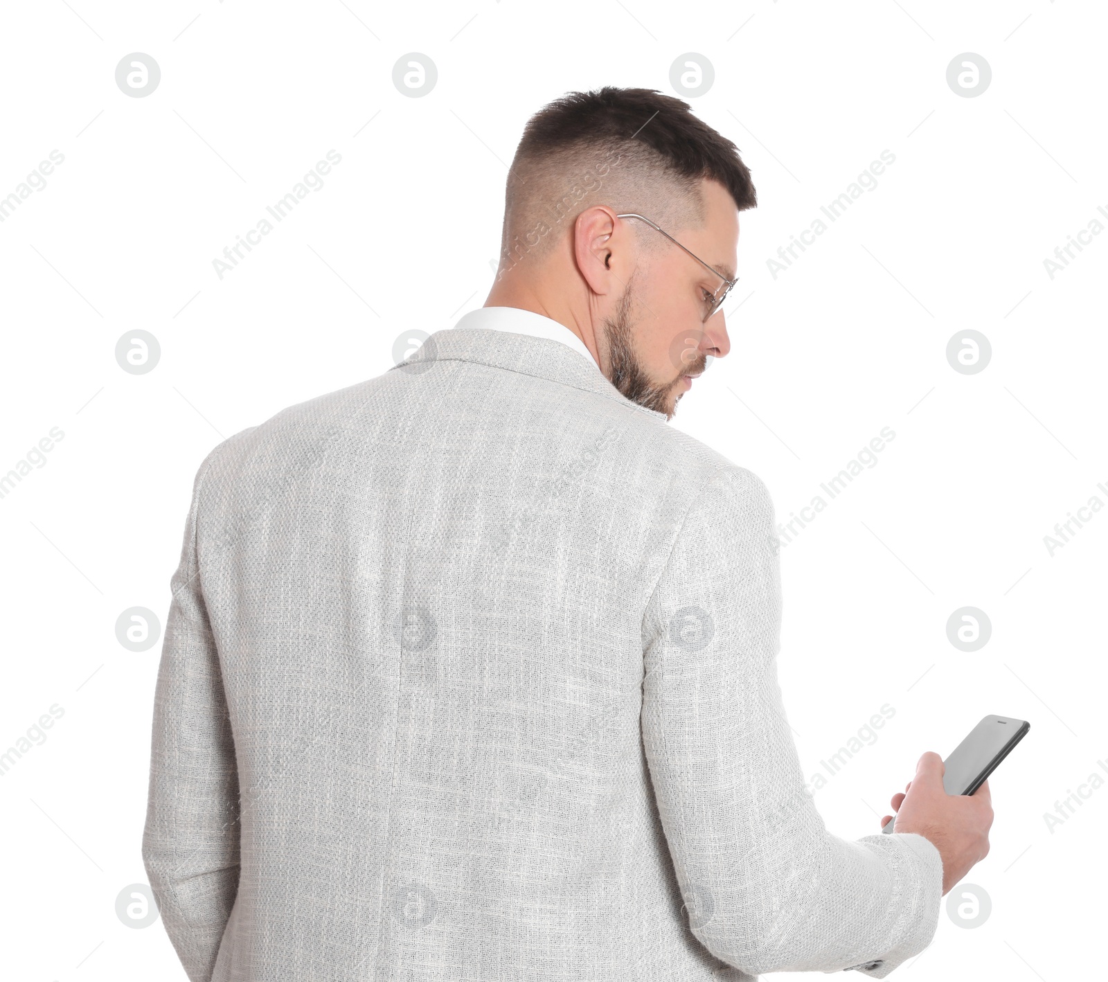 Photo of Businessman in glasses with smartphone on white background