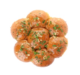 Photo of Traditional Ukrainian garlic bread (Pampushky) on white background, top view