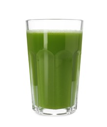 Photo of Glass of fresh celery juice on white background