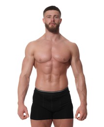 Young man is stylish black underwear on white background
