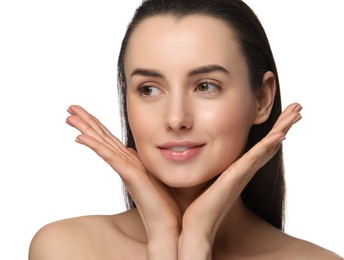 Portrait of beautiful young woman on white background