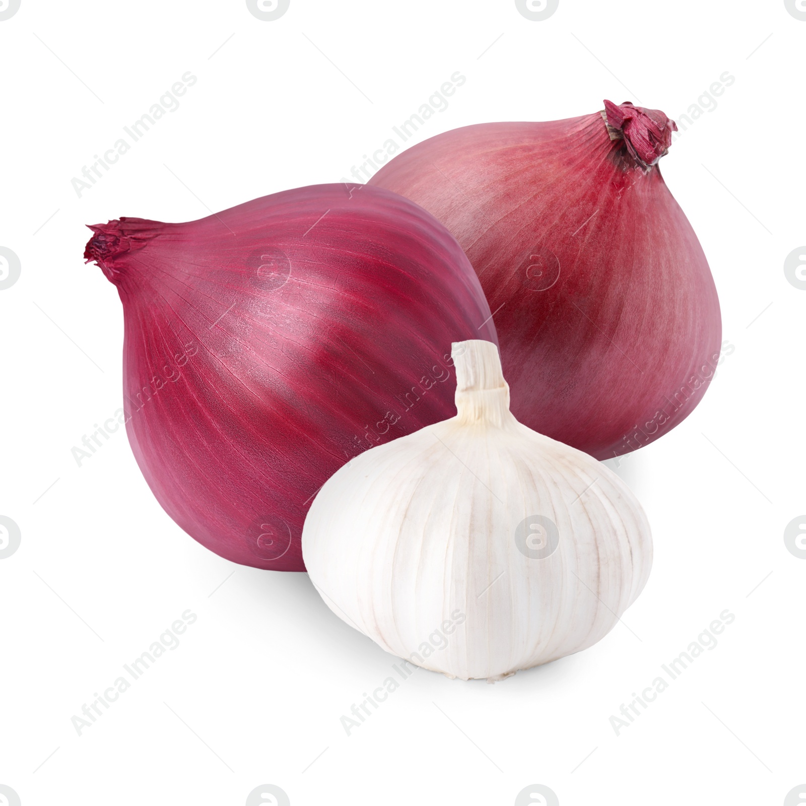 Image of Garlic and red onion bulbs isolated on white