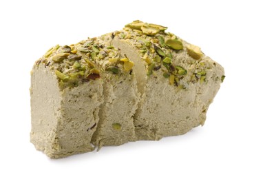 Photo of Pieces of tasty halva with pistachios on white background