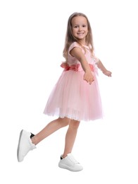 Photo of Cute little girl in beautiful dress dancing on white background