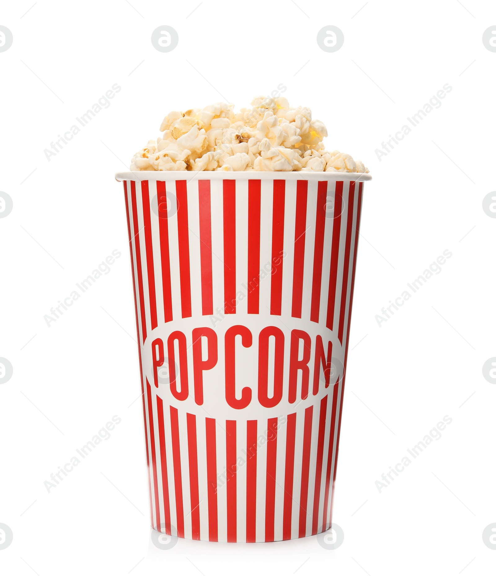 Photo of Paper cup with of tasty popcorn on white background