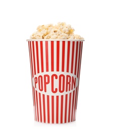 Photo of Paper cup with of tasty popcorn on white background