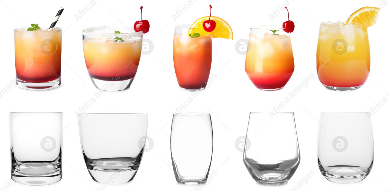 Image of Collage with full and empty glasses on white background. Banner design