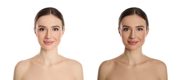 Image of Collage with photos of beautiful young woman before and after indoor tanning on white background. Banner design