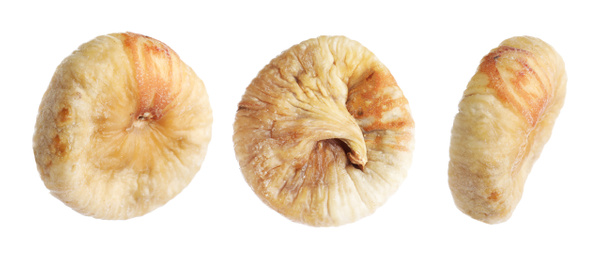 Image of Dried fig fruits falling on white background. Banner design