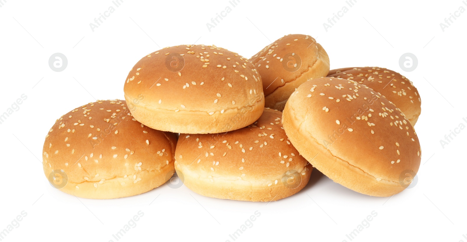 Photo of Many fresh burger buns isolated on white