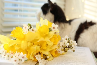 Photo of Beautiful bouquet of yellow daffodils, book and fluffy cat near window, closeup