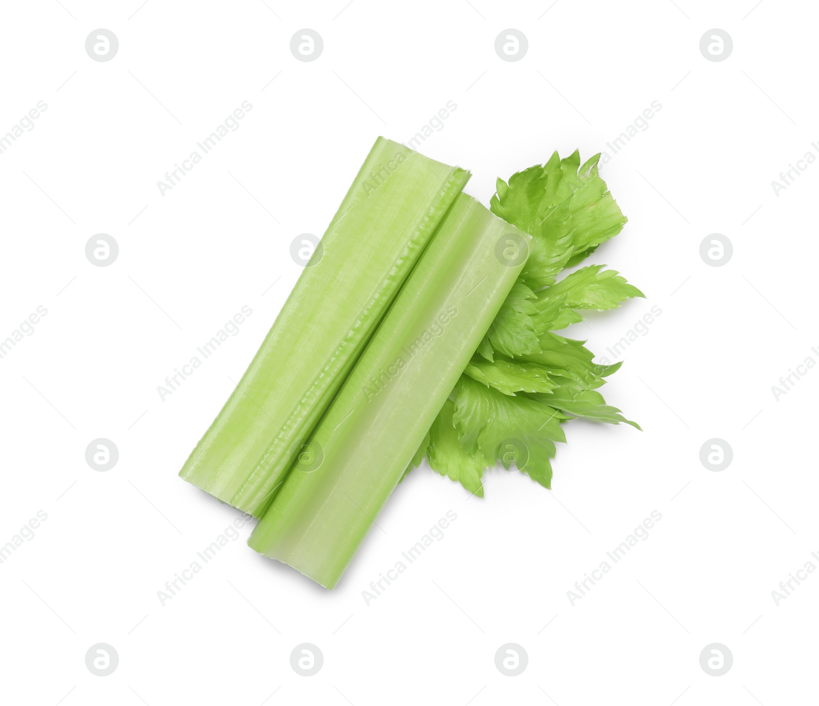 Photo of Fresh green cut celery isolated on white, top view