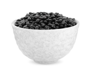 Photo of Bowl of raw black beans isolated on white