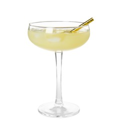 Photo of Glass of delicious bee's knees cocktail with ice and golden straw isolated on white