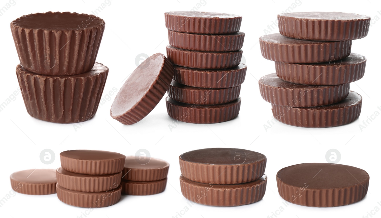 Image of Delicious peanut butter cups isolated on white, set