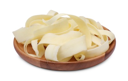 Photo of Plate with sliced fresh parsnip on white background