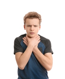 Photo of Teenage boy suffering from cough isolated on white