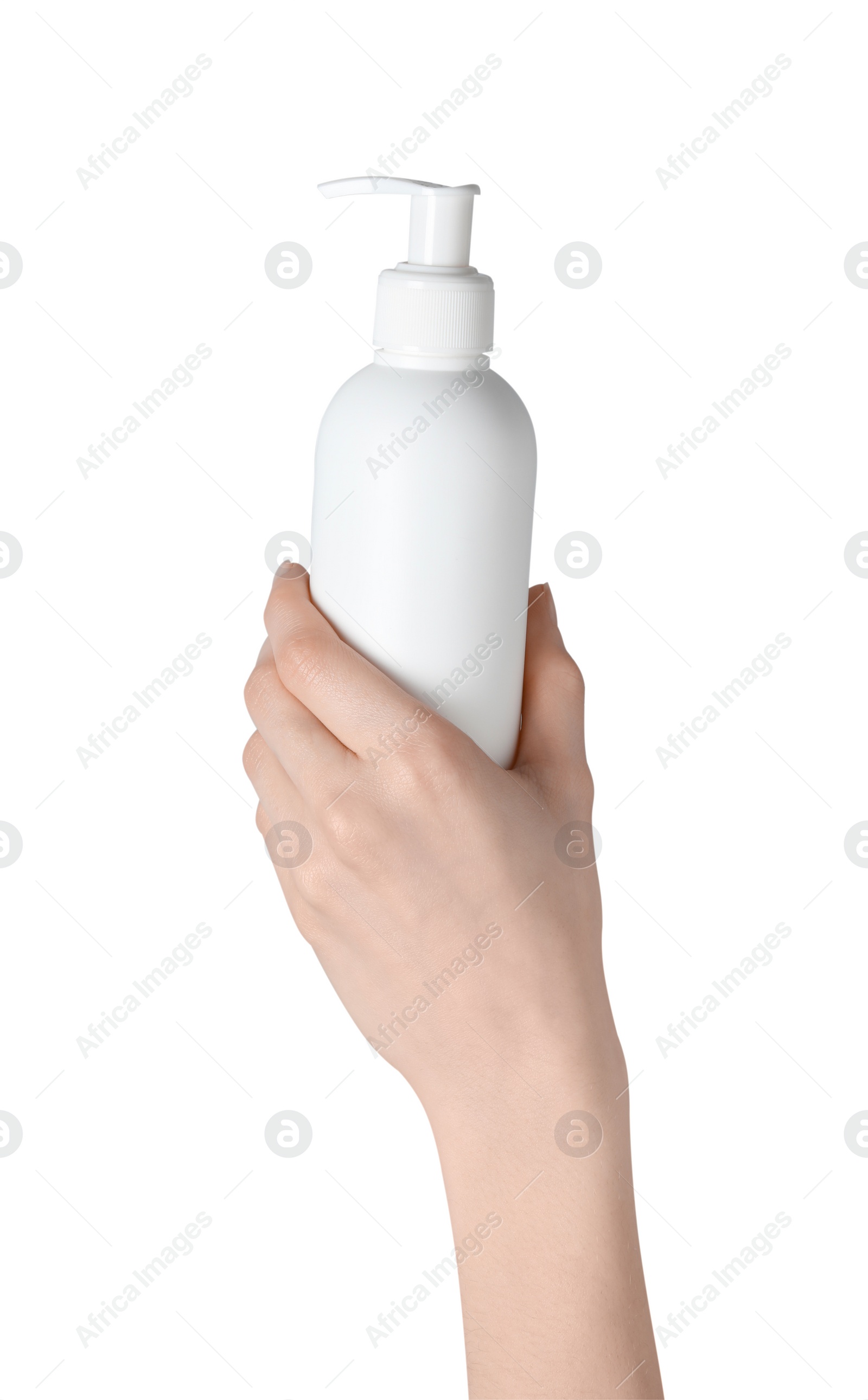 Photo of Woman holding bottle of face cleansing product on white background, closeup