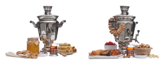 Image of Traditional Russian samovars and treats on white background, collage. Banner design