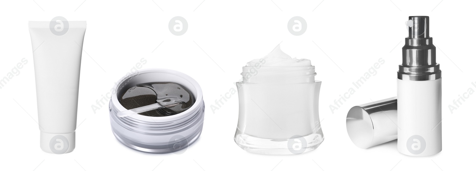 Image of Set with different cosmetic products on white background. Banner design