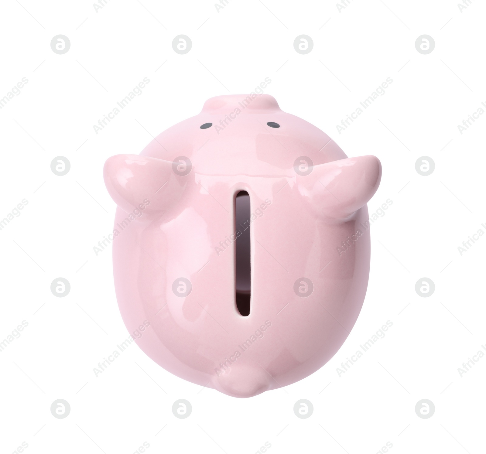 Photo of Pink piggy bank on white background, top view. Money saving