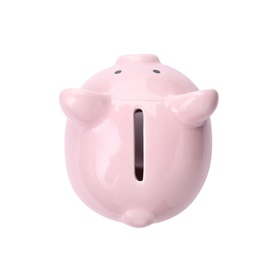 Pink piggy bank on white background, top view. Money saving