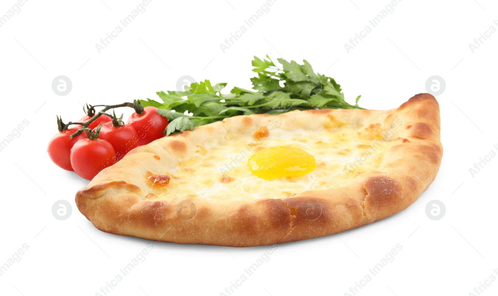 Photo of Fresh delicious Adjarian khachapuri, parsley and tomatoes on white background