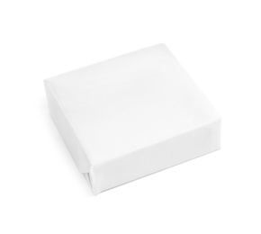 Photo of Hand made soap bar in paper package on white background. Mockup for design