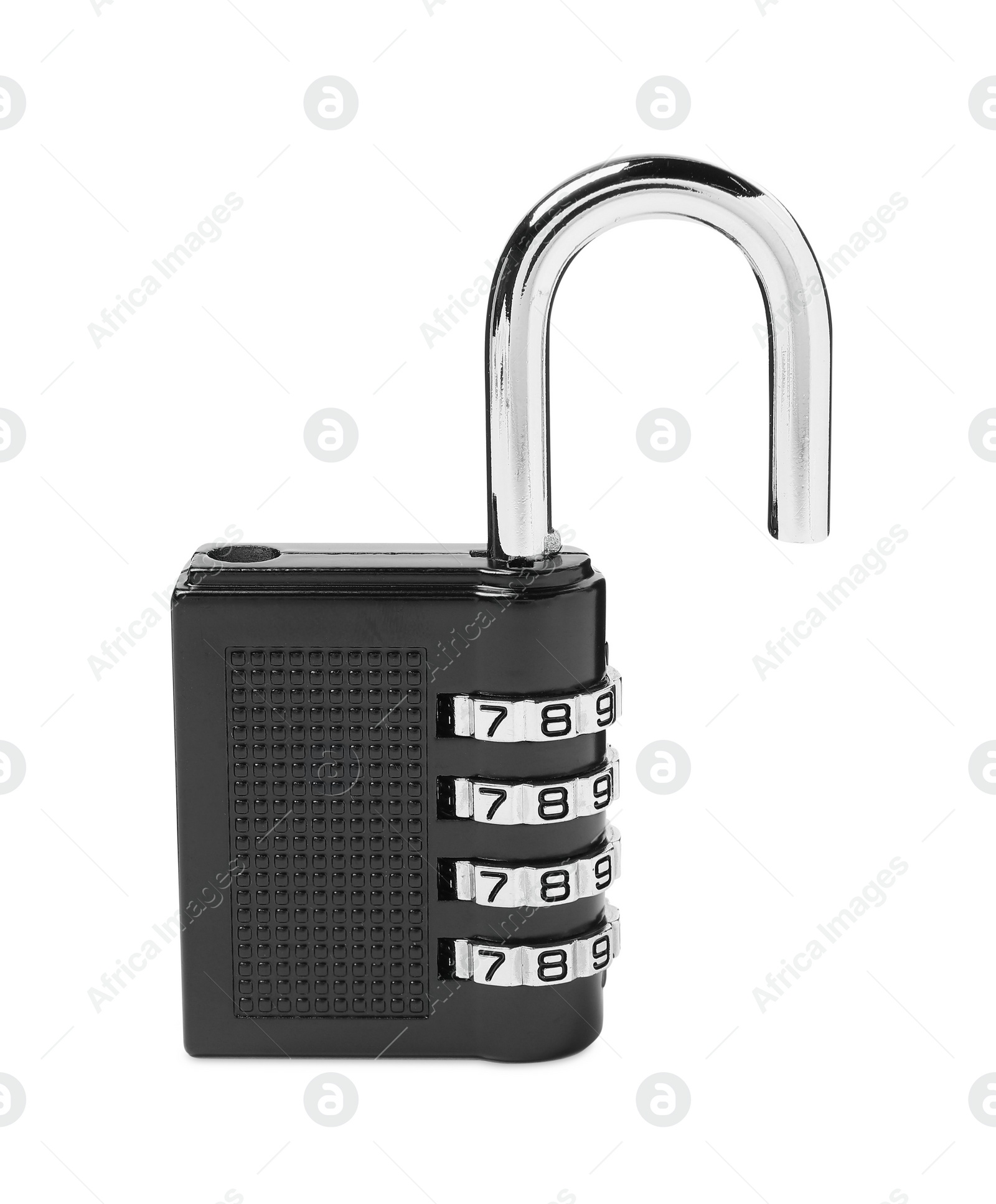 Photo of Unlocked steel combination padlock isolated on white