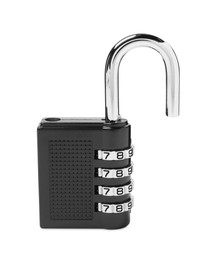 Photo of Unlocked steel combination padlock isolated on white