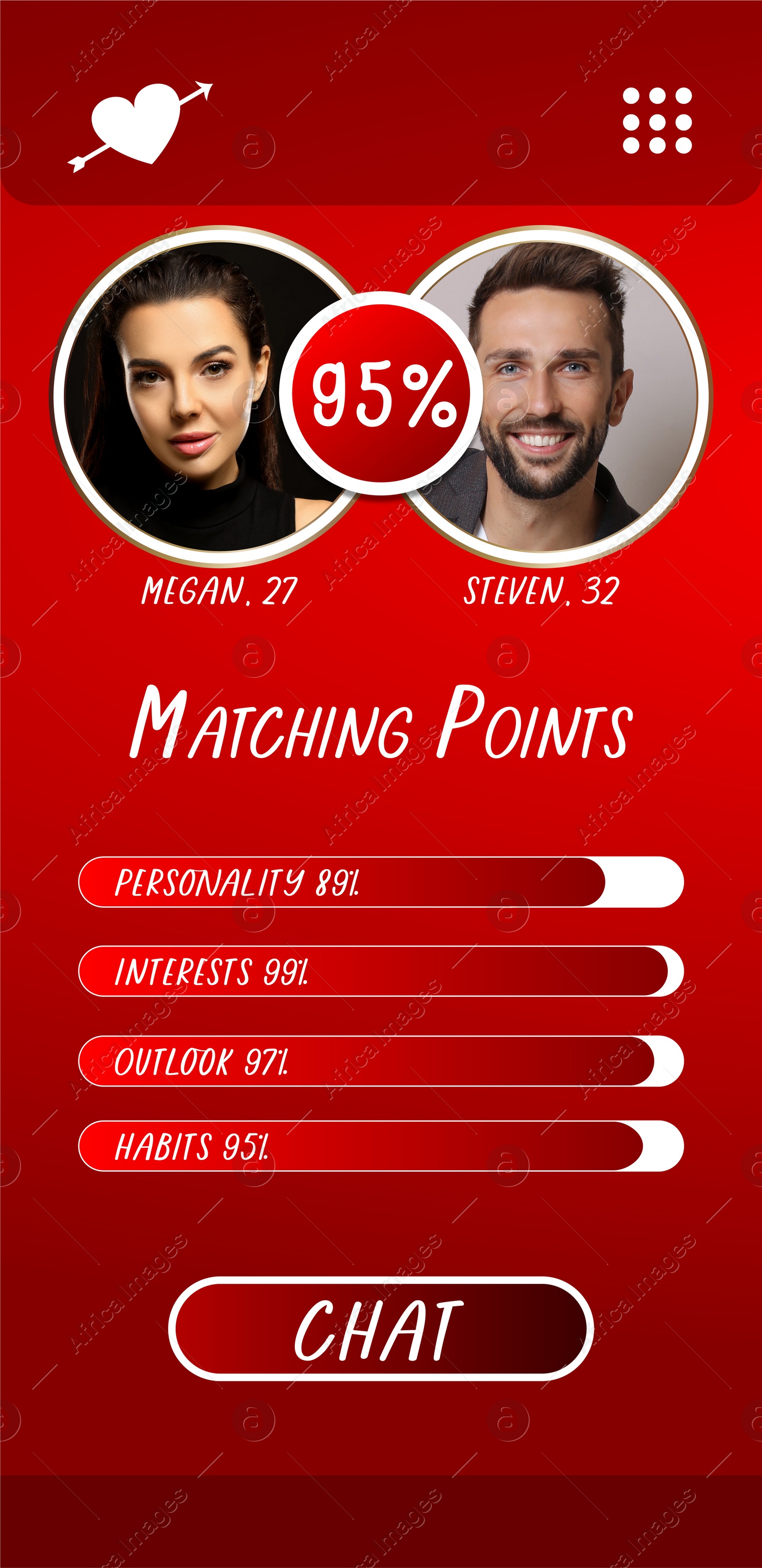 Image of Soulmate match. Dating site interface with photos of possible pair and data