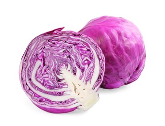 Photo of Whole and cut red cabbages on white background