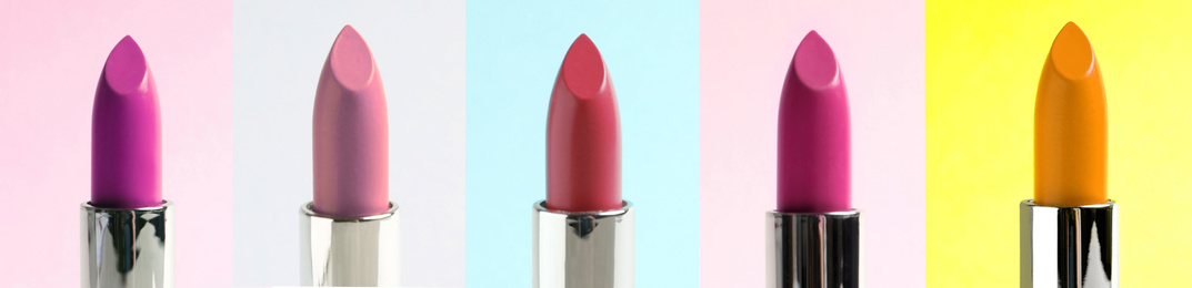 Image of Collage with photos of different lipsticks on color backgrounds, banner design 