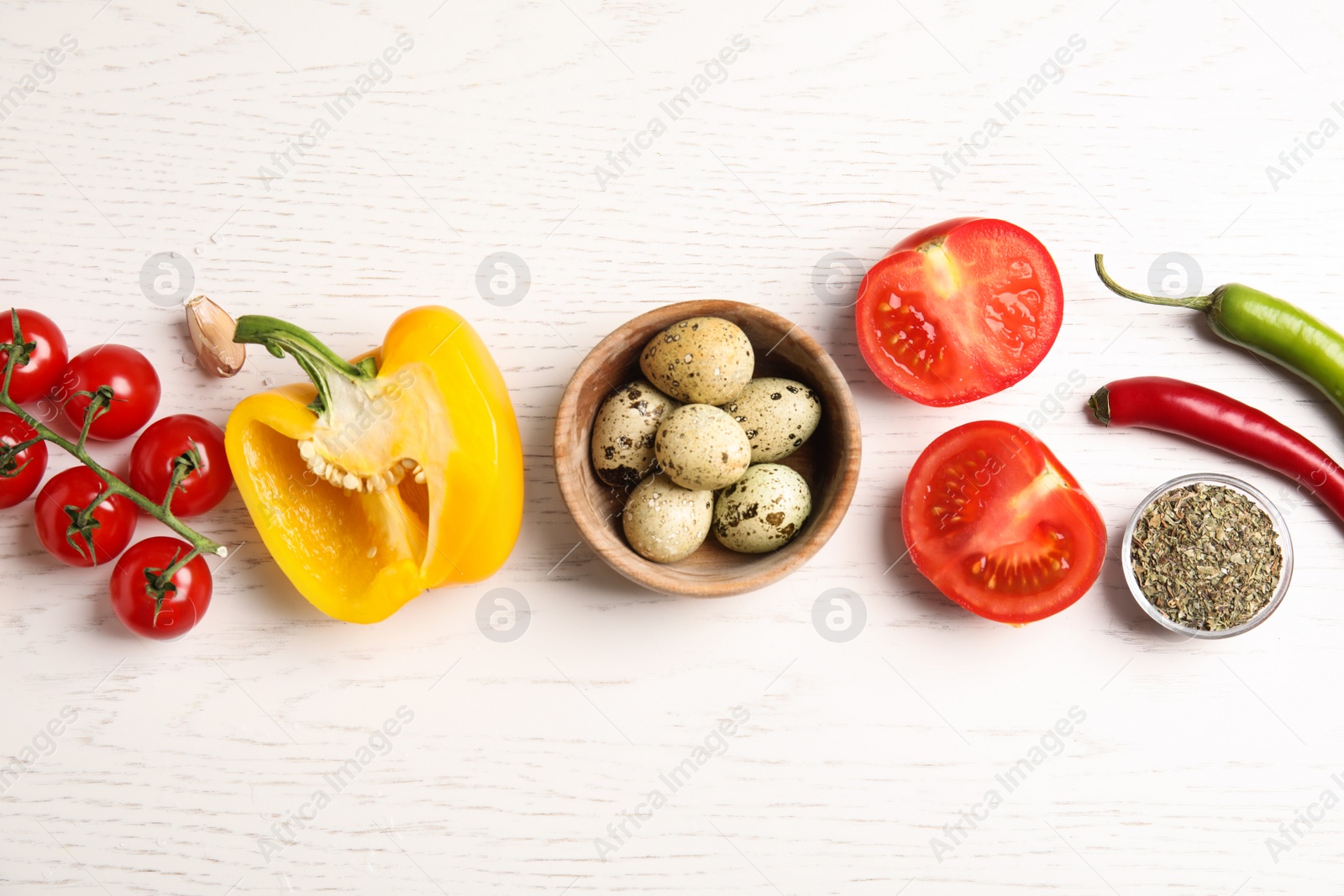 Photo of Flat lay composition with ingredients for cooking on white wooden table