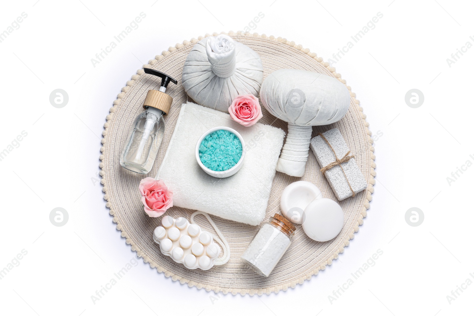 Photo of Beautiful spa composition with herbal massage bags and different care products on white background, top view