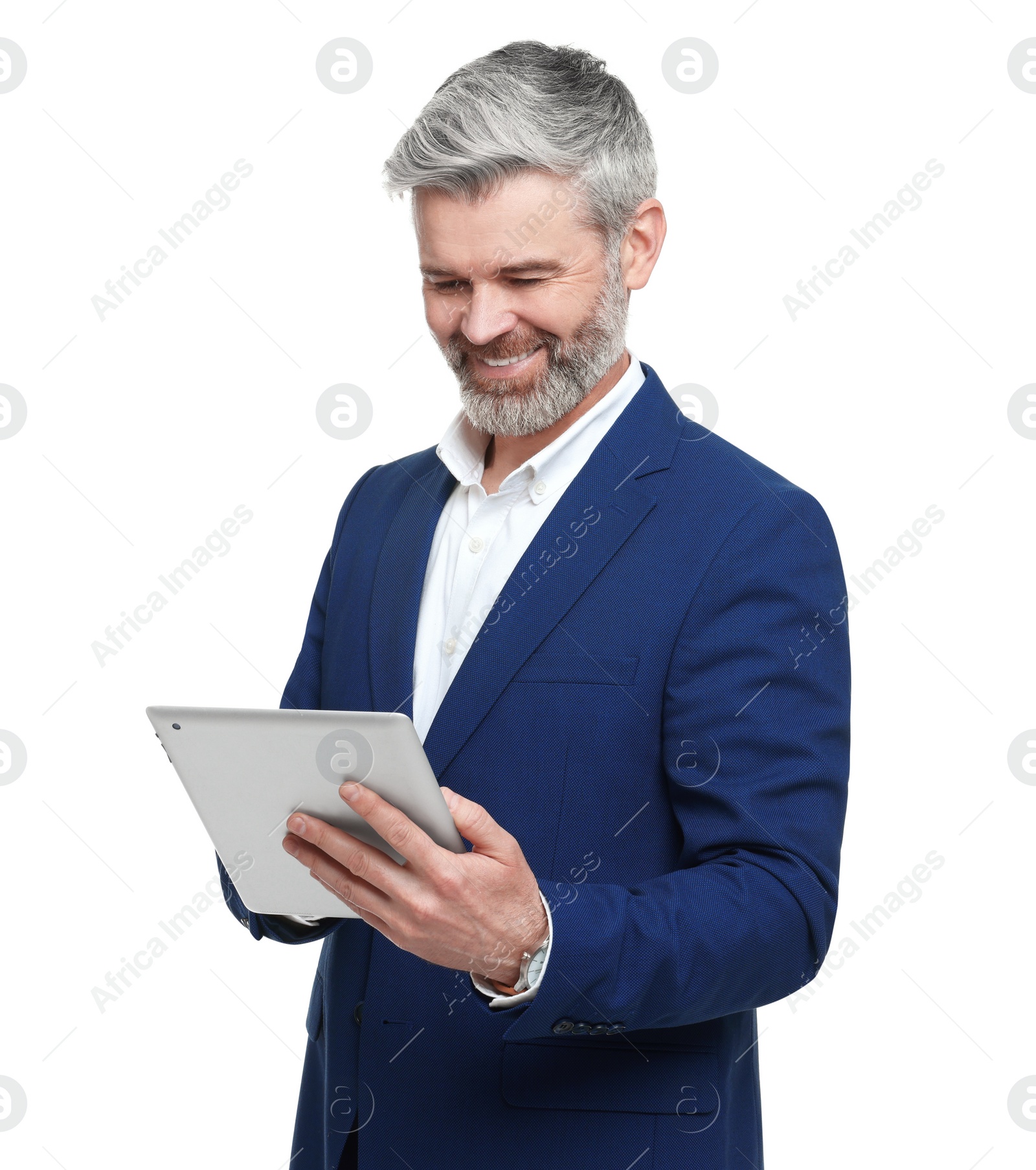 Photo of Mature businessman in stylish clothes with tablet on white background