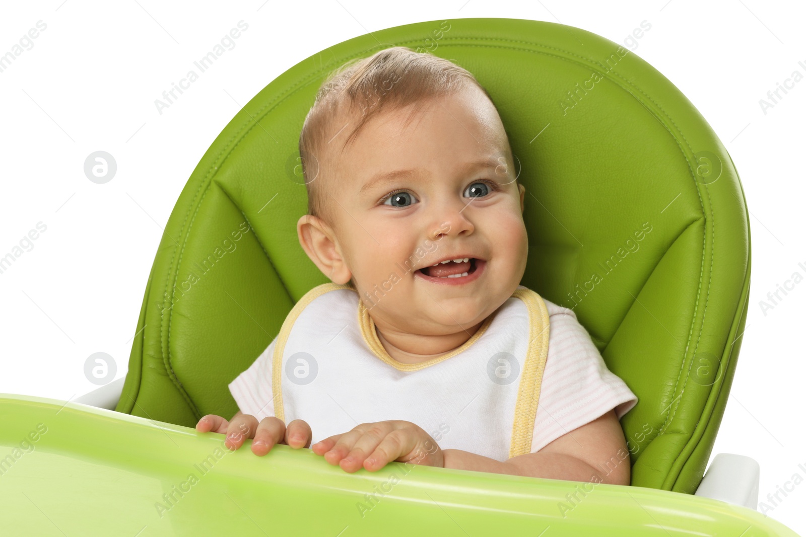 Photo of Cute little baby wearing bib in highchair on white background