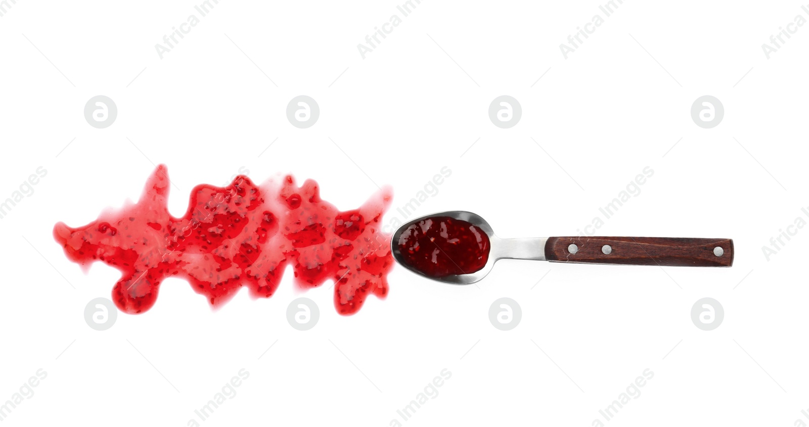 Photo of Spoon and sweet raspberry jam on white background