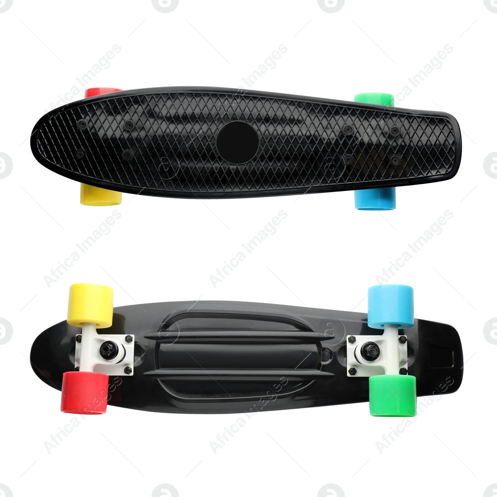 Image of Black skateboards with colorful wheels on white background, collage. Sport equipment