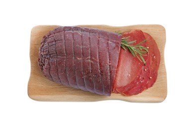 Photo of Tasty fresh dry bresaola, peppercorns and rosemary isolated on white, top view