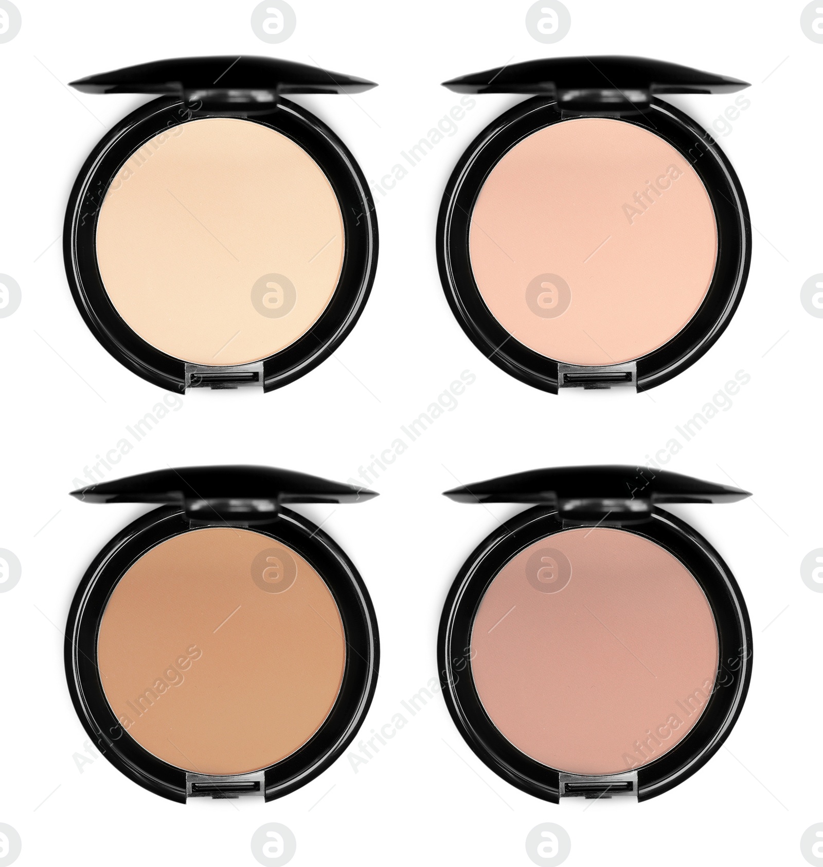 Image of Compact face powders of different shades isolated on white, collection. Top view