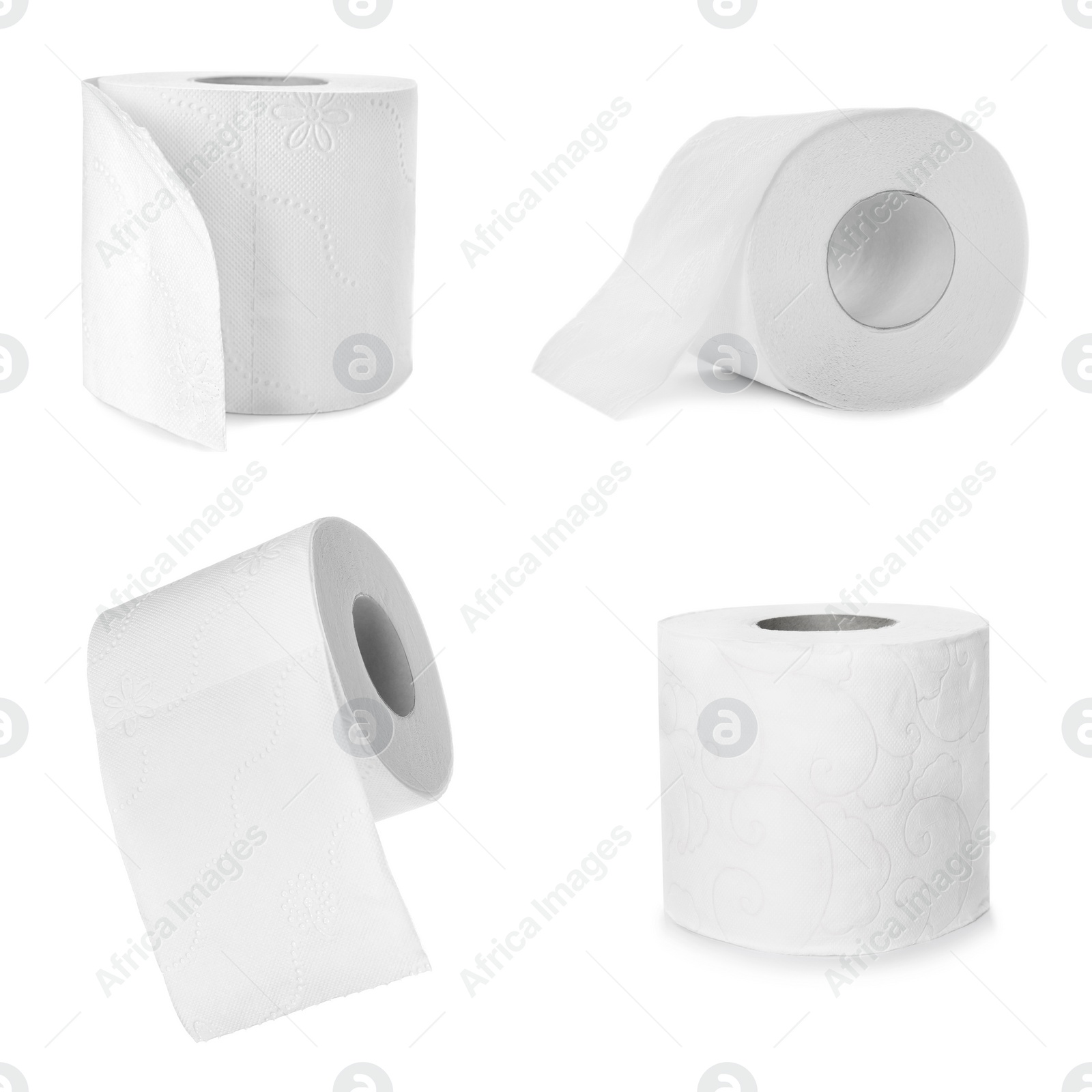 Image of Set with rolls of toilet paper on white background