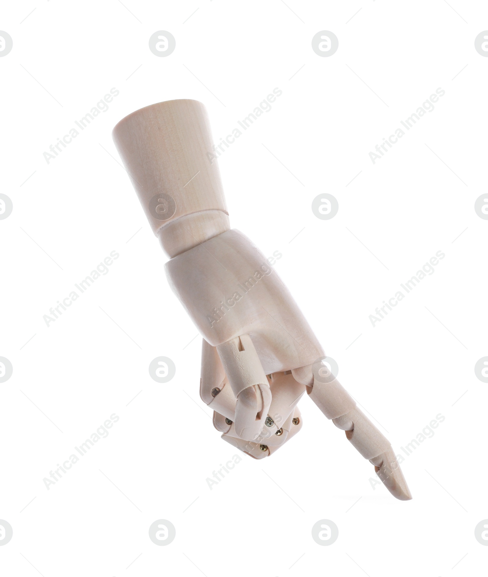 Photo of Wooden hand model on white background. Mannequin part