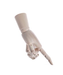 Photo of Wooden hand model on white background. Mannequin part