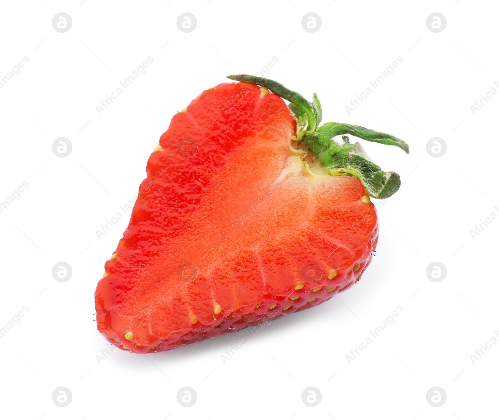 Photo of Half of ripe red strawberry on white background