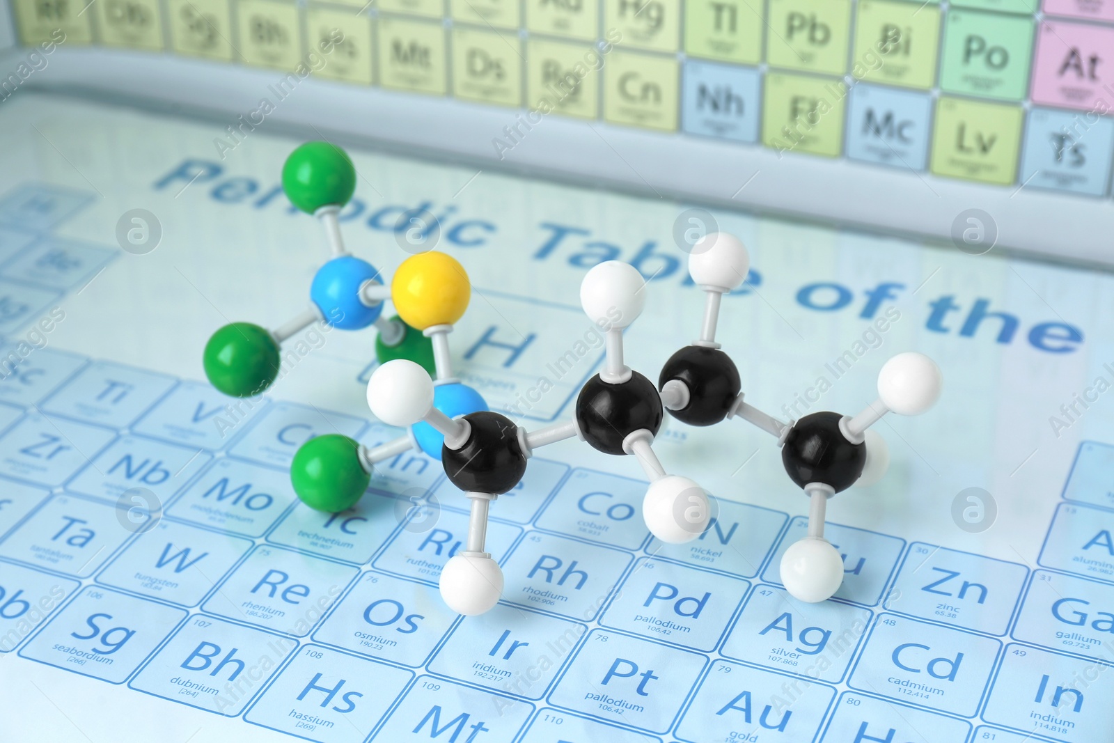 Photo of Molecular model on periodic table of chemical elements