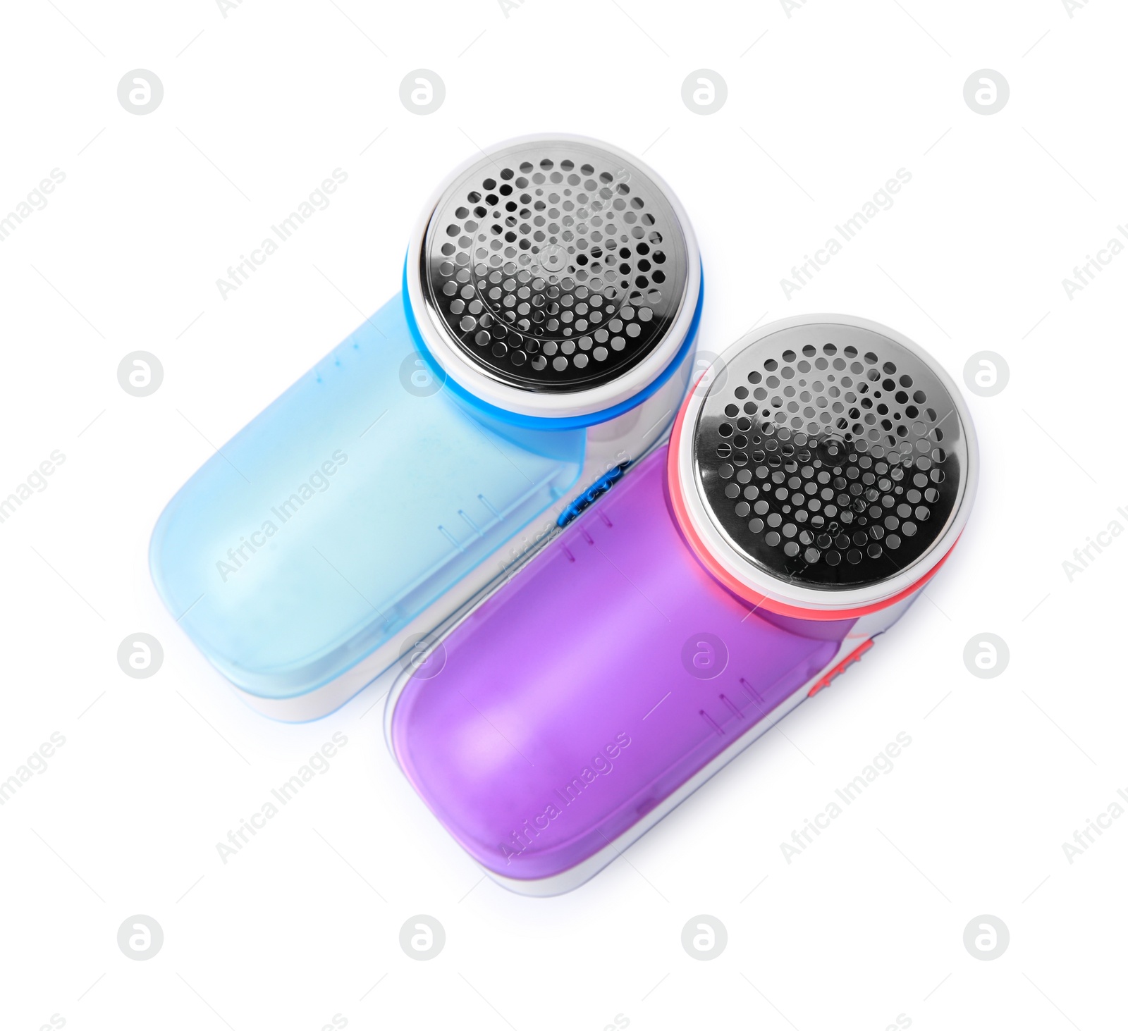 Photo of Different fabric shavers on white background, top view