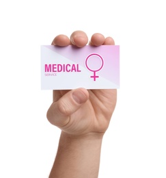Photo of Man holding medical business card isolated on white, closeup. Women's health service